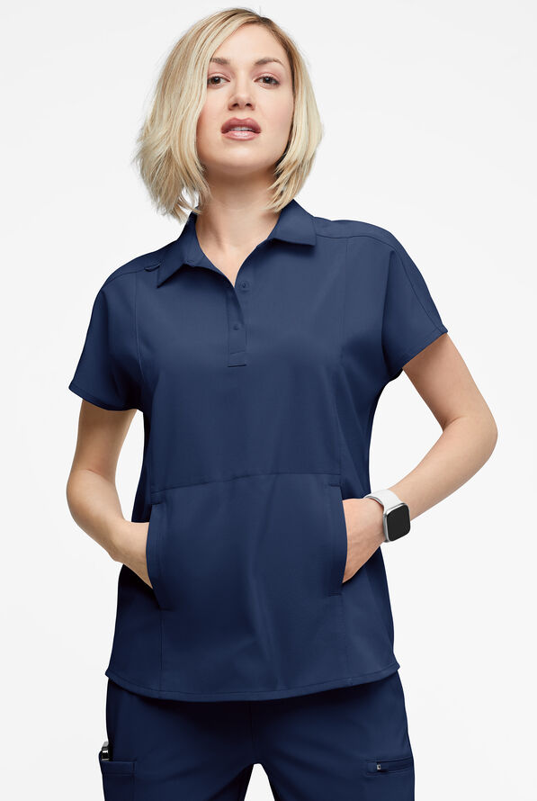 Easy STRETCH LEA Women's 3-Pocket Polo Collar Scrub Top - Navy - 2