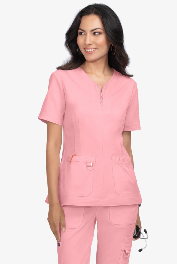 koi Stretch Regan Women's 2-Pocket V-Neck Zip Scrub Top - Sweet Pink - 6