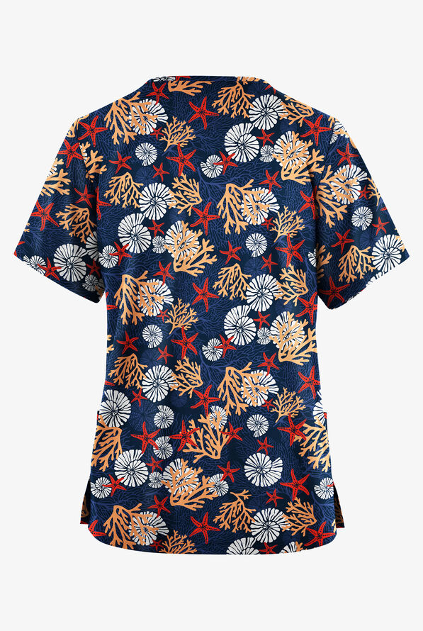 Butter-Soft Originals Coral Garden Navy Women's 2-Pocket V-Neck Print Scrub Top - null - 2