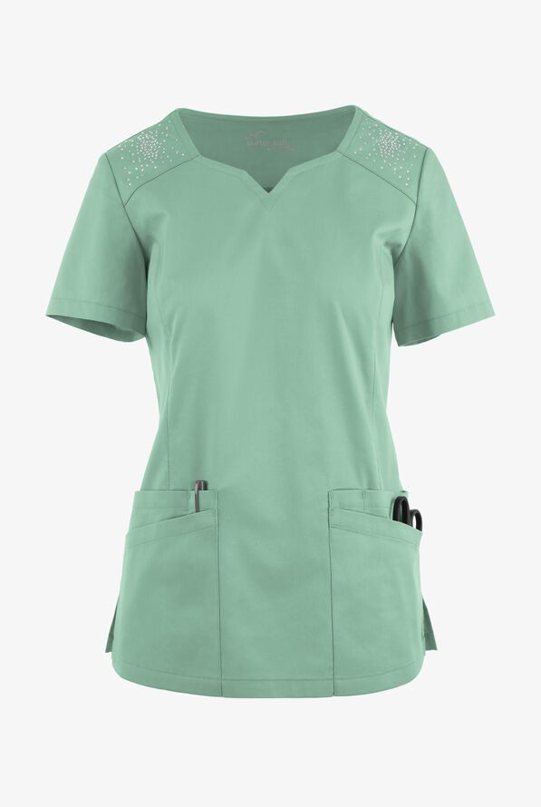Butter-Soft STRETCH Women's 6-Pocket Crystal Bling Scrub Top - Water Mint - 1