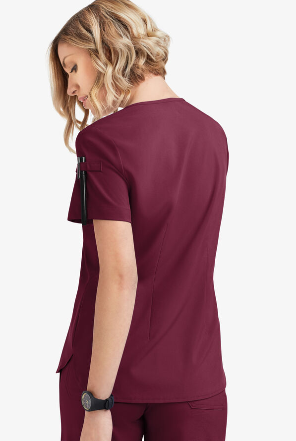 Easy STRETCH Nikki Women's 1-Pocket Scallop Neck Tuck-In Scrub Top - Wine - 4