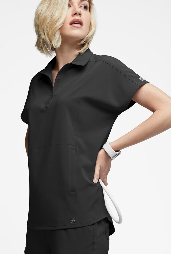 Easy STRETCH LEA Women's 3-Pocket Polo Collar Scrub Top - Onyx Black - 3