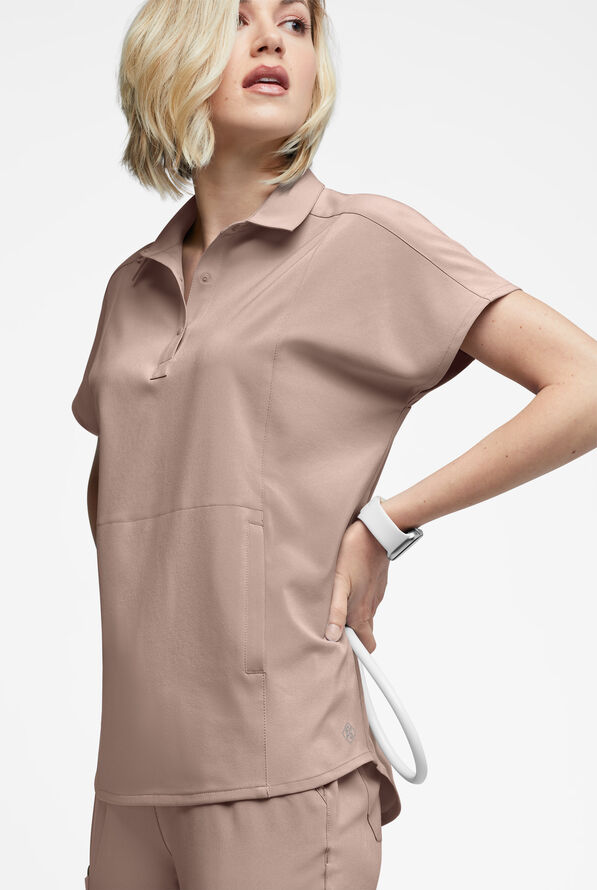 Easy STRETCH LEA Women's 3-Pocket Polo Collar Scrub Top - Mocha Meringue - 3