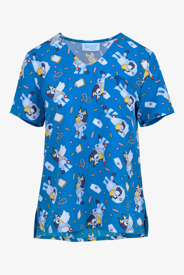 Tooniforms Disney's Nurse Bluey Women's 2-Pocket STRETCH V-Neck Print Scrub Top - null - 1