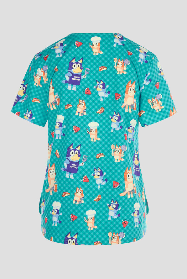 Tooniforms Bluey BBQ Women's 1-Pocket STRETCH V-Neck Print Scrub Top - null - 2