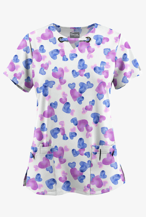 Butter-Soft STRETCH Forever Love Women's 4-Pocket Grommet Print Scrub Top - null - 1