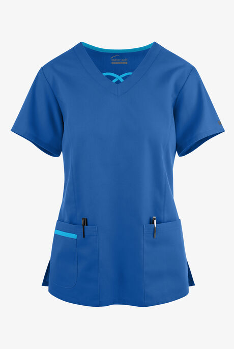 Blusa médica Butter-Soft Originals con cuello entrecruzado en contraste y 3 bolsillos para mujer