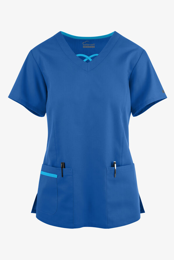 Blusa médica Butter-Soft Originals con cuello entrecruzado en contraste y 3 bolsillos para mujer - Royal/Turquoise - 1