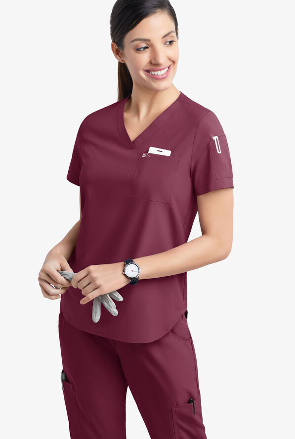 Easy STRETCH Chloe Women's 3-Pocket V-Neck Tuck-In Scrub Top - Wine - 3
