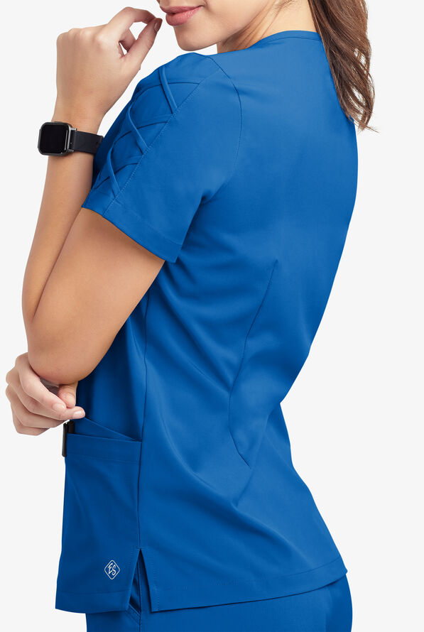 Easy STRETCH Kylie Woman's 5 Pocket V-Neck With Criss-Cross Detail Scrub Top - Royal - 7