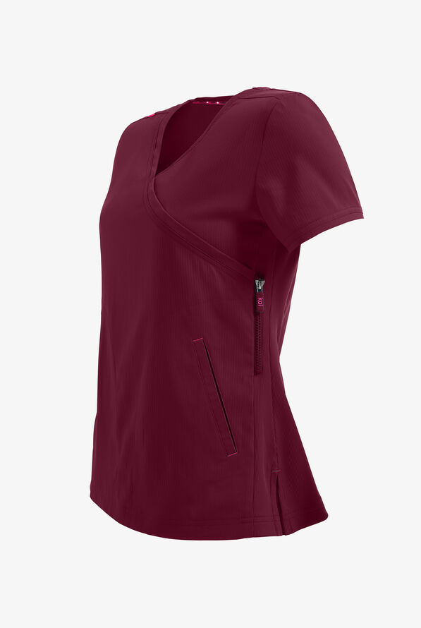 koi Lite&trade; Philosophy Women's 3-Pocket Mock Wrap Side Zipper Scrub Top - Wine - 3