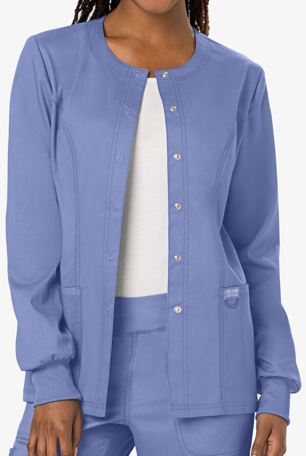 Cherokee Workwear Revolution Women's 3-Pocket STRETCH Snap Front Scrub Jacket - Ceil Blue - 2