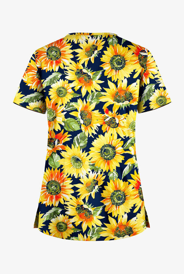 Butter-Soft STRETCH Tuscan Sunflowers Women's 1-Pocket Tuck-In V-Neck Print Scrub Top - null - 2