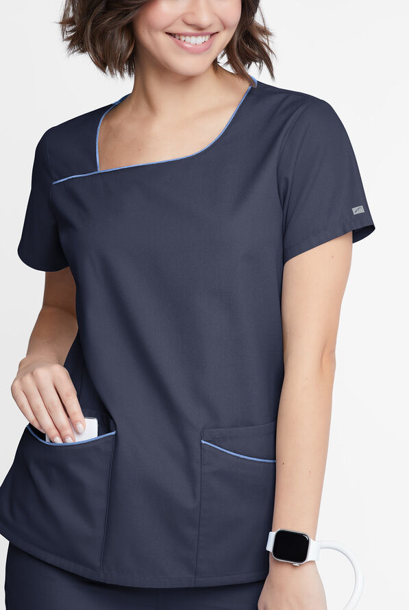 Blusa m&eacute;dica Butter-Soft Originals con cuello asim&eacute;trico y 4 bolsillos para mujer - Navy/Ceil - 4
