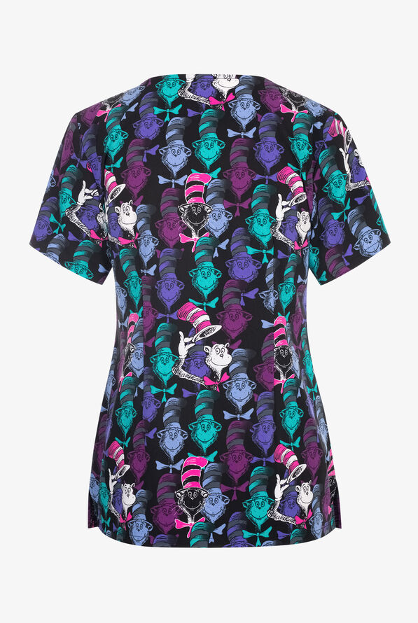 Tooniforms Dr. Seuss One Colorful Cat Women's 2-Pocket STRETCH V-Neck Print Scrub Top - null - 2