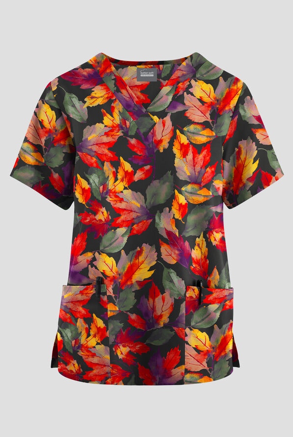Butter-Soft Originals Leaves Of Autumn Women's 2-Pocket V-Neck Print Scrub Top - null - 1