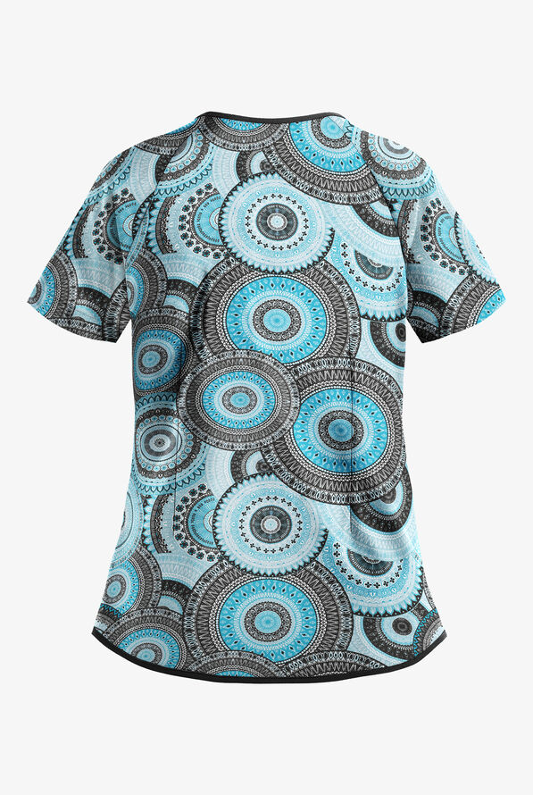 Easy STRETCH  Mandala Women's 4-Pocket Crossover Front Print Scrub Top - null - 2
