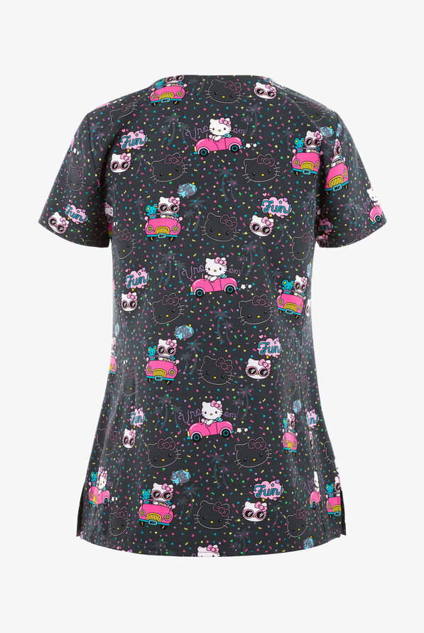 heartsoul Kawaii Vacation Hello Kitty Women's 3-Pocket STRETCH V-Neck Print Scrub Top - null - 2