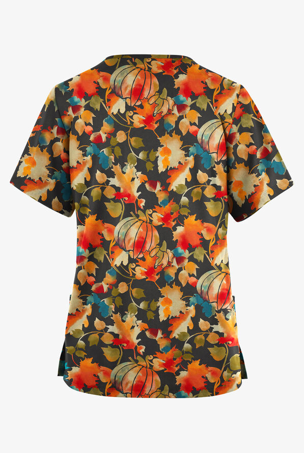 Butter-Soft Originals Harvest Delight Pewter  Women's 2-Pocket Classic Fit V-Neck Print  Scrub Top - null - 2