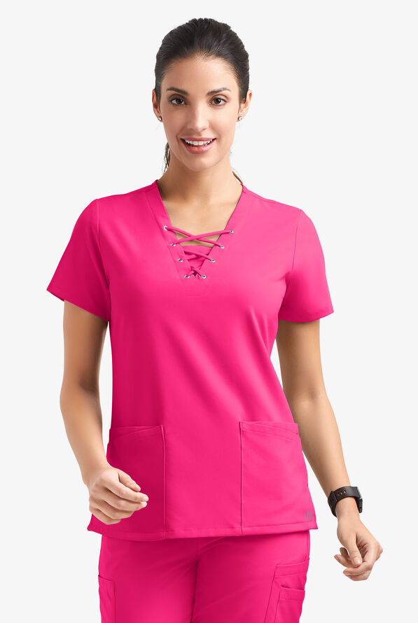 Easy STRETCH Gisele Women's 4-Pocket Lace Up V-Neck Scrub Top - Reactive Pink - 2