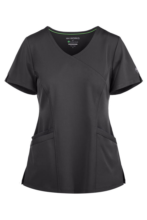 HH Works by Healing Hands Madison Women's 4-Pocket STRETCH Mock Wrap Scrub Top - Pewter - 1