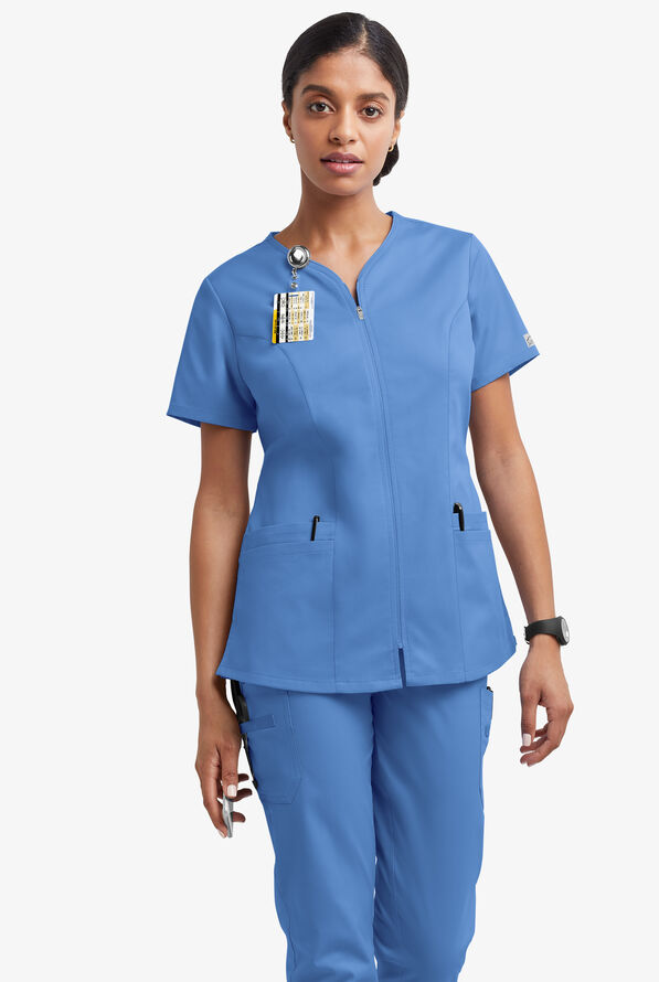 Butter-Soft STRETCH Women's 4-Pocket Smooth Face Zipper Scrub Top - Ceil Blue - 2