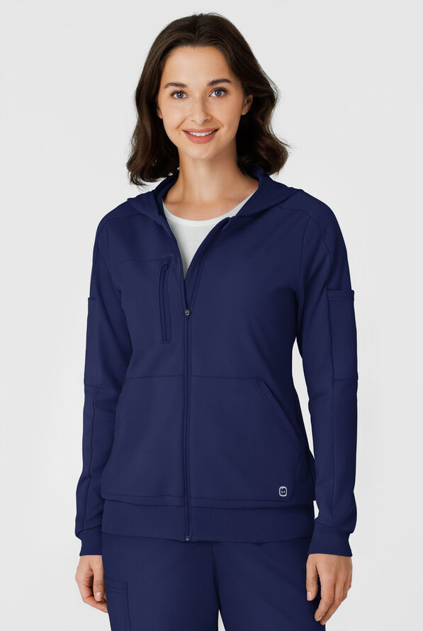 Wink Renew Knit Women's 4-Pocket STRETCH Front Zip Scrub Hoodie Jacket - Navy - 3