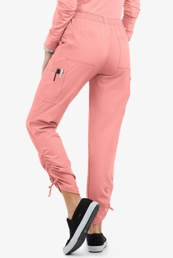 Easy STRETCH Halle Women's 11-Pocket Ruched Leg Jogger Scrub Pants - Petite - Autumn Coral - 2