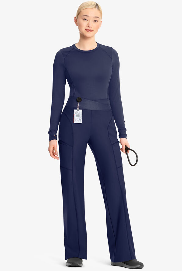 Infinity GNR8 Kinetic Knit Women's 5-Pocket STRETCH Cross-Over Waistband Wide Leg Scrub Pants - Navy - 4