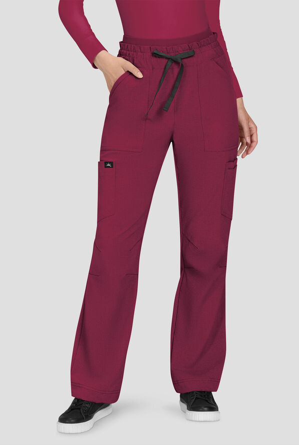 koi Solis Freda Women's 8-Pocket STRETCH Rib-Knit Double Waist Straight Leg Cargo Scrub Pant - Wine - 1