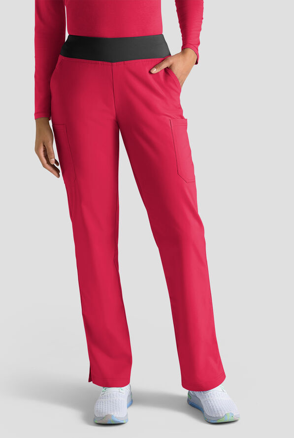 Butter-Soft STRETCH Women's 4-Pocket Knit Waistband Yoga Scrub Pants - Tall - Ruby/Black - 1