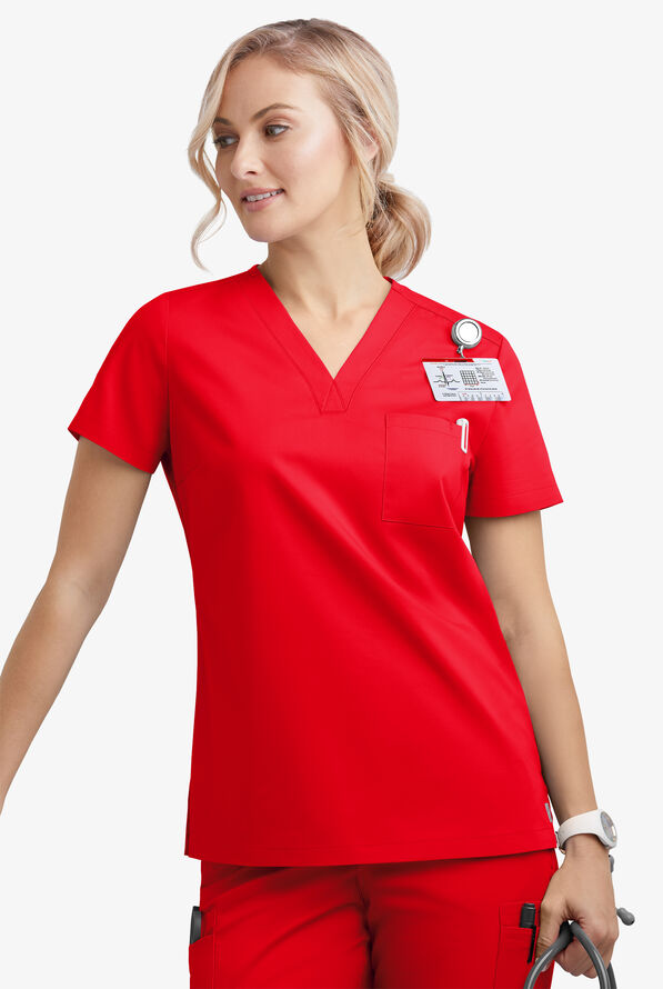Blusa m&eacute;dica Butter-Soft STRETCH con cuello en V y 2 bolsillos para mujer - Fiery Red - 3