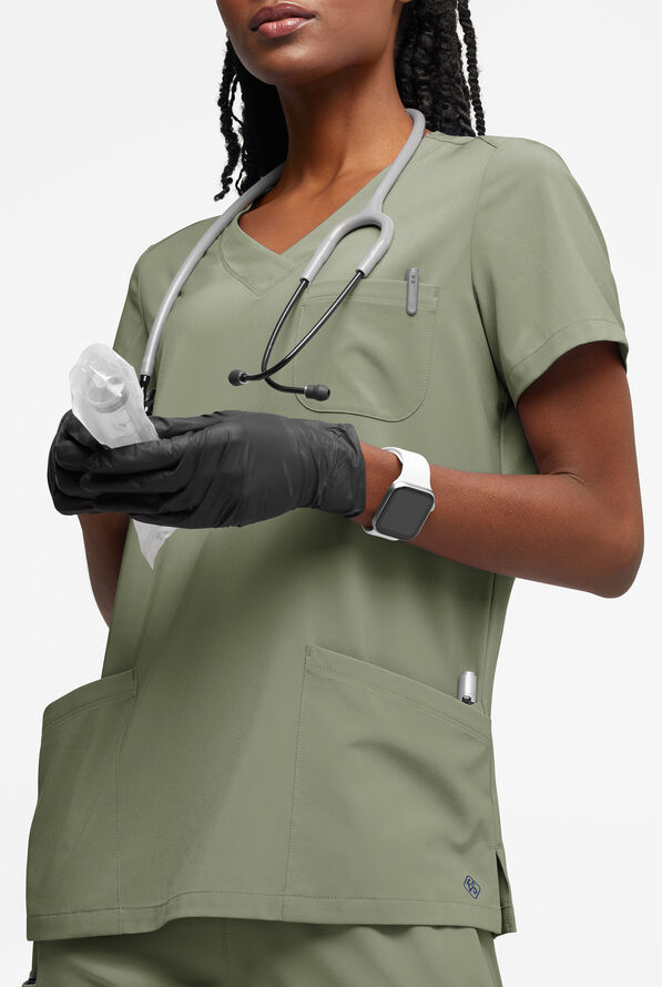 Easy STRETCH Tessa Women's 5-Pocket V-Neck Scrub Top - Olive Leaf - 2