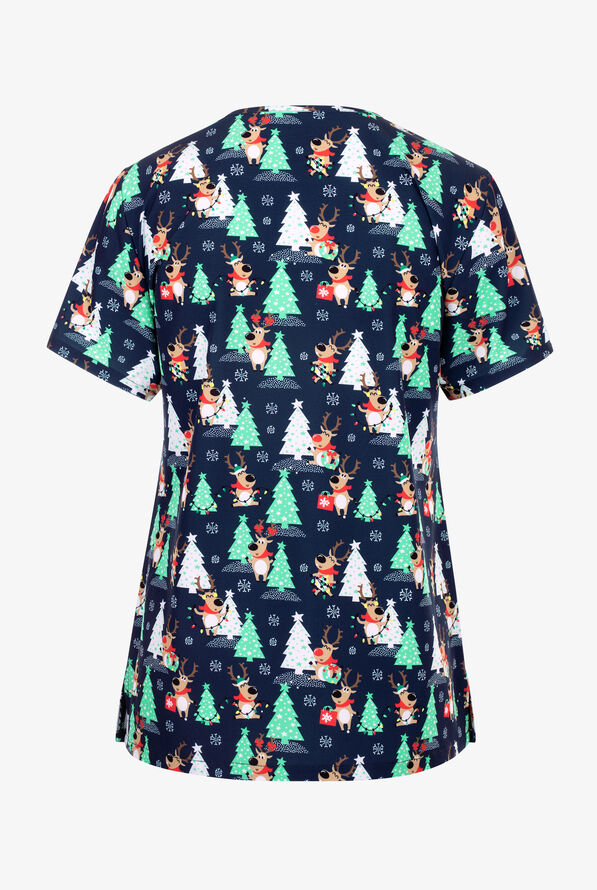 Green Town Reindeer Lights Women's 3-Pocket STRETCH V-Neck Print Scrub Top - null - 2