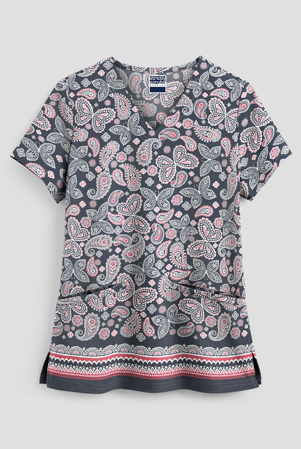 Blusa médica estampada Strictly Scrubs STRETCH Garden Paisley Pewter con cuello en V y 2 bolsillos para mujer - null - 1