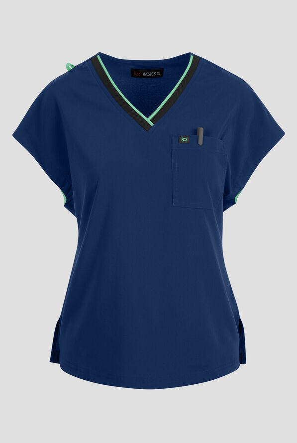koi Basics Mckenna Women's 1-Pocket STRETCH V-Neck Dolman Sleeve Scrub Top - Navy/Jelly Mint - 1