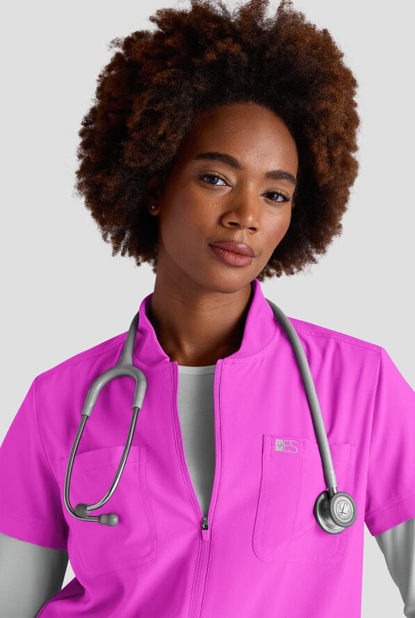 Easy STRETCH Nika Women's Zip Front Scrub Top&ndash; 2-Piece Jumpsuit Top - Electric Fuchsia - 3