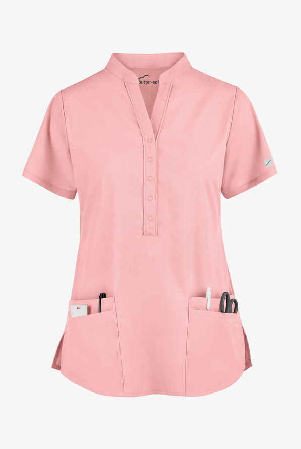 Butter-Soft Core Women's 4-Pocket Mandarin Collar Scrub Top - Blush - 1