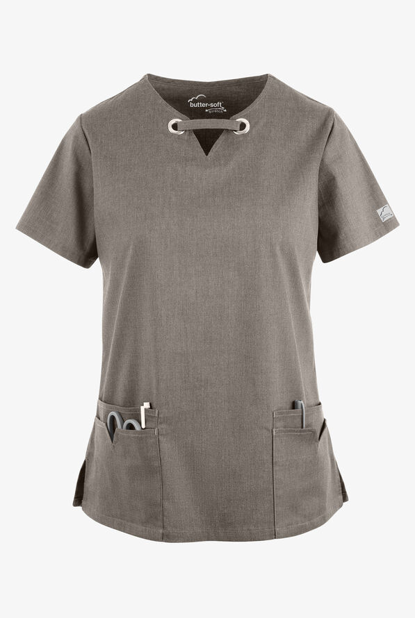 Butter-Soft STRETCH Women's 4-Pocket Large Grommet Scrub Top - Heather Grey - 1