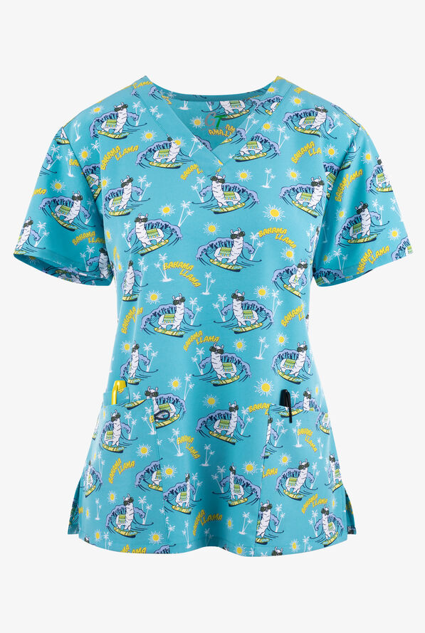 Green Town Bahama Llama Summer Women's 3-Pocket STRETCH V-Neck Print Scrub Top - null - 1