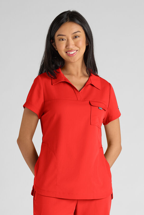 Grey's Anatomy by Barco Emerge Emery Women's 3-Pocket STRETCH Collar V-Neck Scrub Top - Sunset Orange - 1