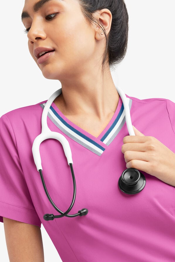 Butter-Soft STRETCH Women's 5-Pocket Short Sleeve V-Neck with Sport Trim Detail Scrub Top - Rosebud - 5