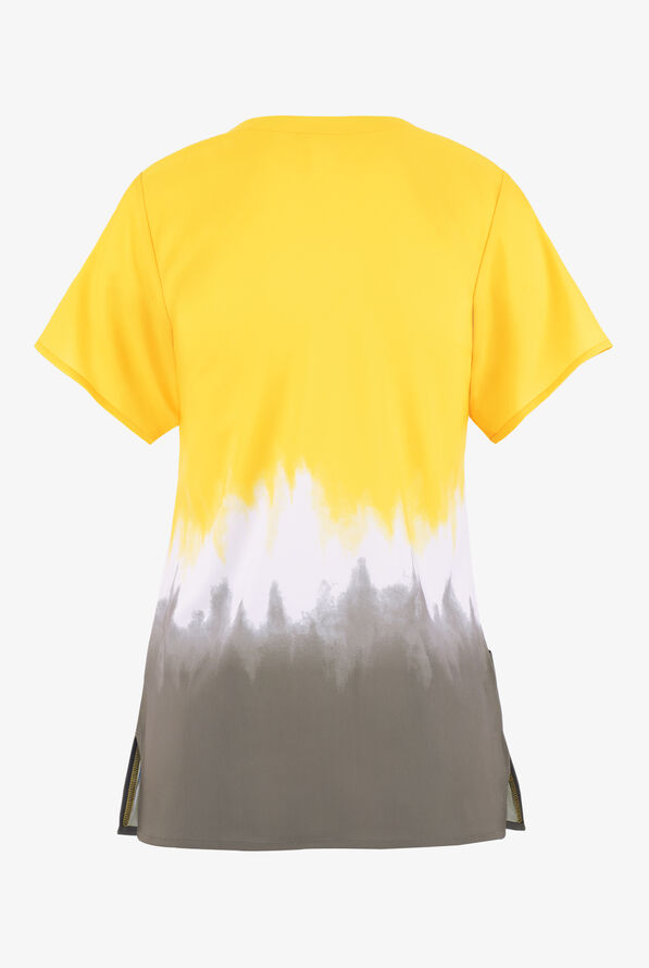  WonderWink Lemon Dripped Ombre Tie Dye Women's 2-Pocket STRETCH V-Neck Print Scrub Top - null - 2