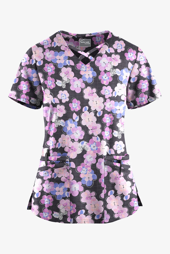 Butter-Soft STRETCH Blooms And Butterflies Pewter Women's 4-Pocket Crisscross Print Scrub Top - null - 1