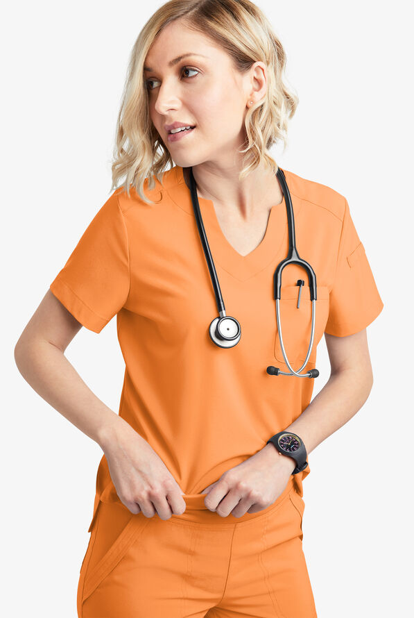Easy STRETCH Nikki Women's 1-Pocket Scallop Neck Tuck-In Scrub Top - Apricot Crush - 6