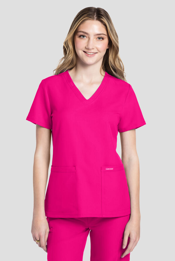 Blusa m&eacute;dica Cherokee Workwear Originals Ultra con cuello en V y 2 bolsillos para mujer - Electric Pink - 2