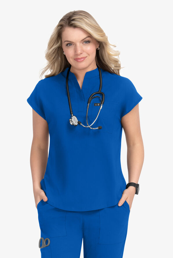 koi Basics Ari Women's 1-Pocket STRETCH Dolman Sleeve Mandarin Collar Scrub Top - Royal - 2
