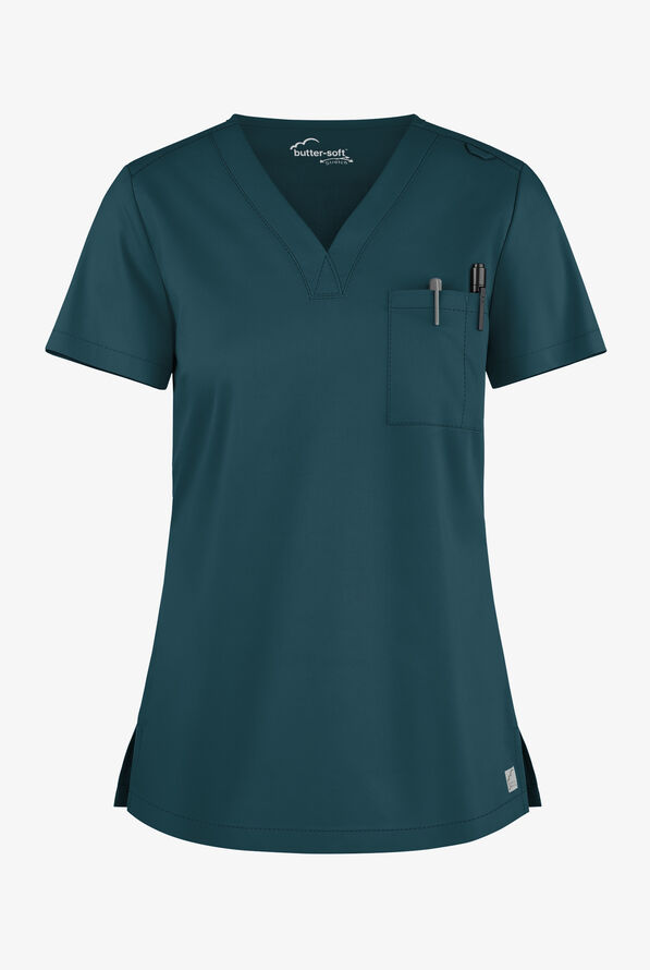 Blusa m&eacute;dica Butter-Soft STRETCH con cuello en V y 2 bolsillos para mujer - Caribbean Blue - 1