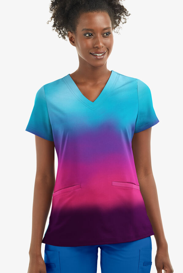 UA Butter-Soft STRETCH Evening Sky Ombre Women's 2-Angled Welt Pocket V-Neck Printed Scrub Top - null - 2