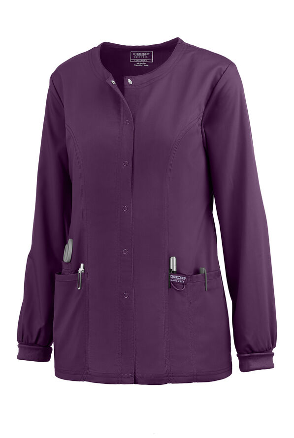 Cherokee Workwear Revolution Women's 3-Pocket STRETCH Snap Front Scrub Jacket - Eggplant - 1